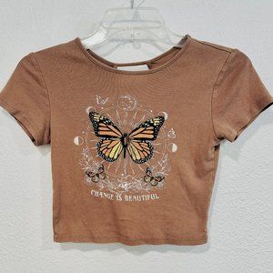 Home Girl Society Crop Top Lattice Back Butterfly CHANGE IS BEAUTIFUL Brown XS
